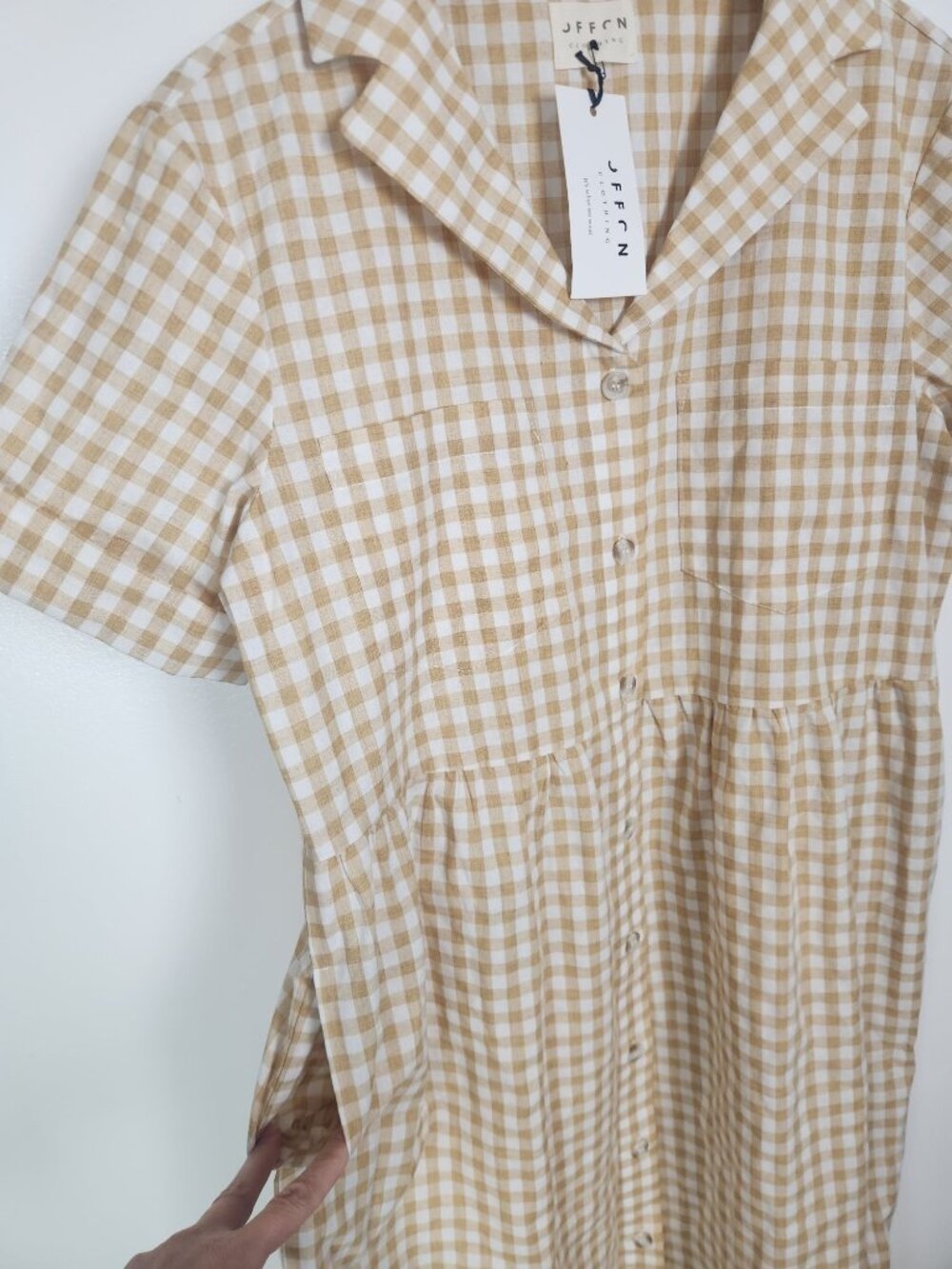 Offon Clothing Women's Sz. L Short Sleeve Button Down Tan Gingham Dress NWT - Picture 3 of 4